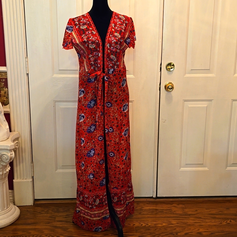 Kimono: Red Multicolor tie at waist #16